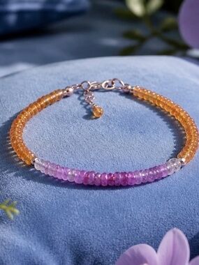 Handmade Natural Ombre Orange | Pink Sapphire Bracelet Solid 14K Rose Gold